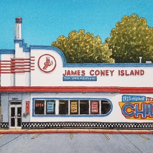 James Coney Island. 5 "x 7". Houston Texas. Aquarell-Malerei. Kunstdruck. Hot Dogs. Jim Koehn Art. Straßen von Houston. Montrose.