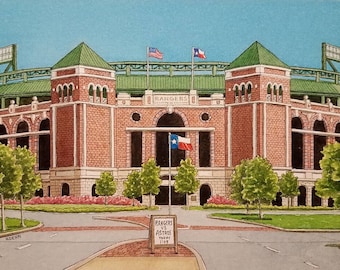 Rangers Ballpark. 5" x 7". Arlington Texas. Watercolor Painting. Art Print. Texas Rangers. Watercolors. Travel Art. Jim Koehn Art.