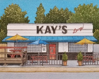 Kay's Lounge. 5" x 7". Houston Texas. Watercolor Painting. Print. Old Taverns. Old Bars. Houston Watercolors. Tavern Art. Jim Koehn Art. Art