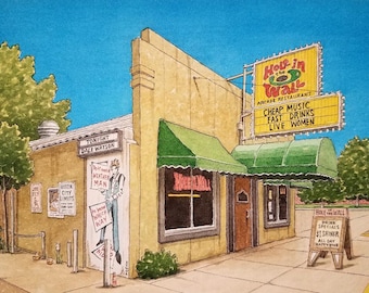 Puede incluir: Una pintura de acuarela de un bar llamado "Hole in the Wall" con un toldo verde y un letrero que dice "Música barata, bebidas rápidas, mujeres en vivo".