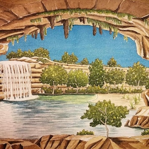 May include: A watercolor painting of a cave opening with a view of a waterfall cascading into a pool of water. Lush green trees and a blue sky are visible through the opening.