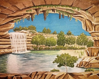 Hamilton Pool. 5" x 7". Dripping Springs Texas. Watercolor Painting. Print. Texas Hill Country. Landscape Watercolor. Jim Koehn Art.