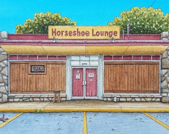 Horseshoe Lounge. 8.5" x 11". Austin Texas. Watercolor Painting. Art Print. Dive Bars. Backroads of Texas. Austin Art. Jim Koehn Art.