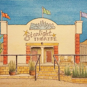 Starlight Theater. 5&quot; x 7&quot;. Terlingua, Texas. Watercolor Painting. Ghost Town. West Texas. Backroads of Texas. Jim Koehn Art. Movie Theater.