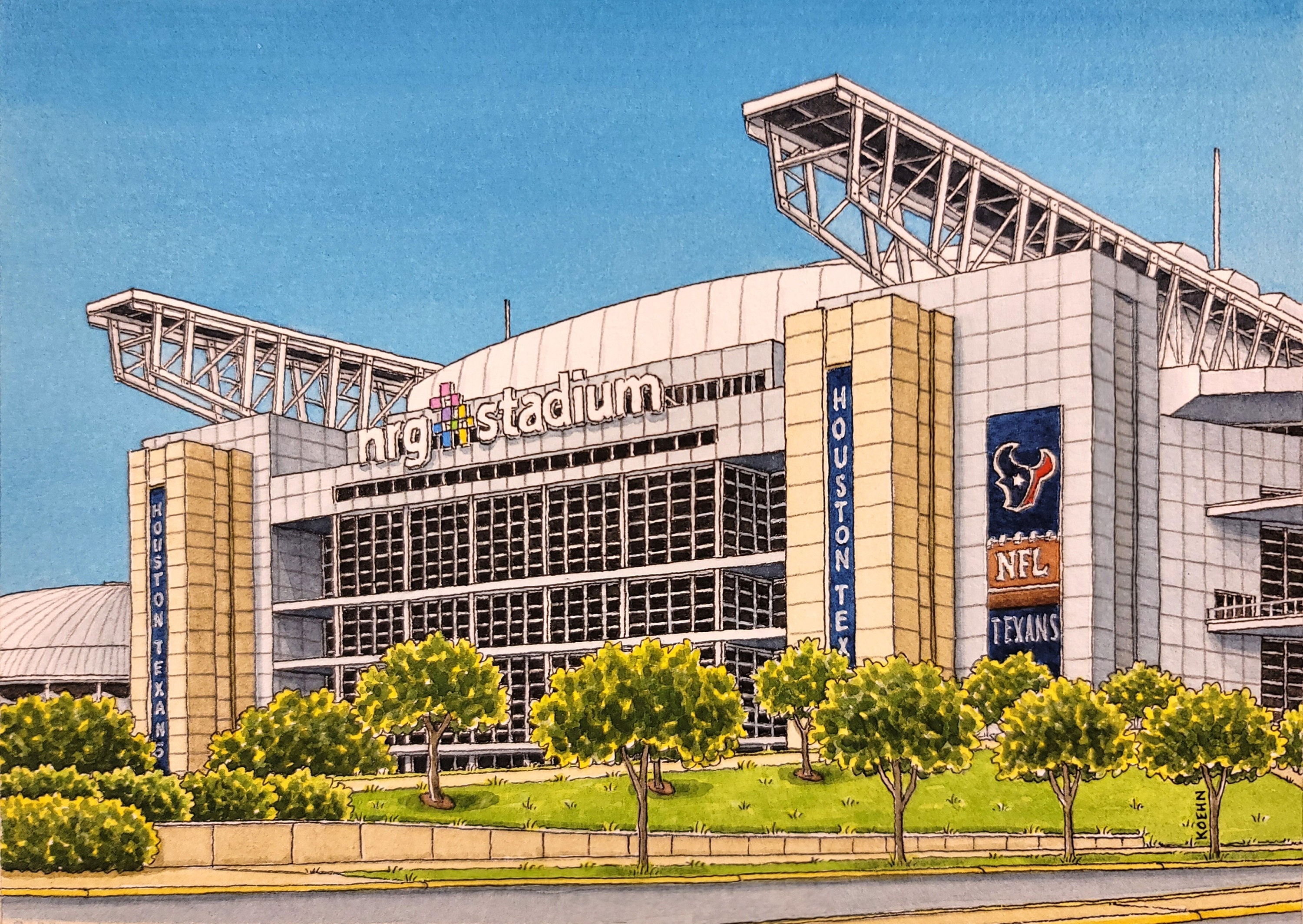 NRG Stadium. 5" x 7". Houston Texas. Watercolor Painting. Art Print on 6" x 8" paper. Houston Texans. Football Stadiums. Jim Koehn Art.