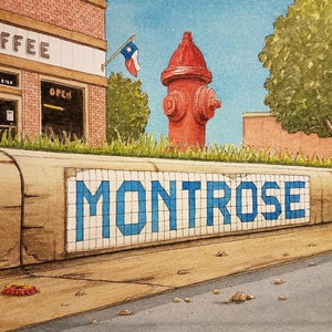 Montrose Blvd. 5&quot; x 7&quot;. Houston Texas. Watercolor Painting. Blue Tile Project. Coffee Shop. Street Scene. Jim Koehn Art. Backroads of Texas.
