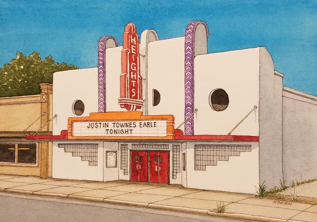 Heights Theater. 8.5 X 11. Houston Texas. Watercolor Painting. Art