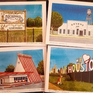 Package Deal. Vier afdrukken. 5 x 7". Houston Texas. Aquarel Schilderijen. Kunst afdrukken. Graffiti. Jim Koehn Art.