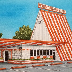 Whataburger. 8,5 &quot;x 11&quot;. Mesquite Texas. Waterverfschilderij. Kunstafdruk. Dallas. Hamburgertent. Texas. Jim KoehnArt