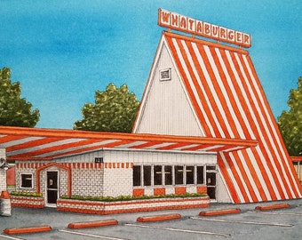 Whataburger. 8.5" x 11". Mesquite Texas. Watercolor Painting. Art Print. Dallas. Burger Joint. Texas. Jim Koehn Art