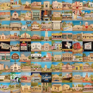 May include: A grid of 64 paintings depicting various buildings and landmarks. The artwork showcases a variety of architectural styles, including restaurants, bars, and historical sites. Many paintings feature signs with text such as "MONTROSE", "WAFFLE HOUSE", and "HOUSTON". The color palette is warm and inviting.