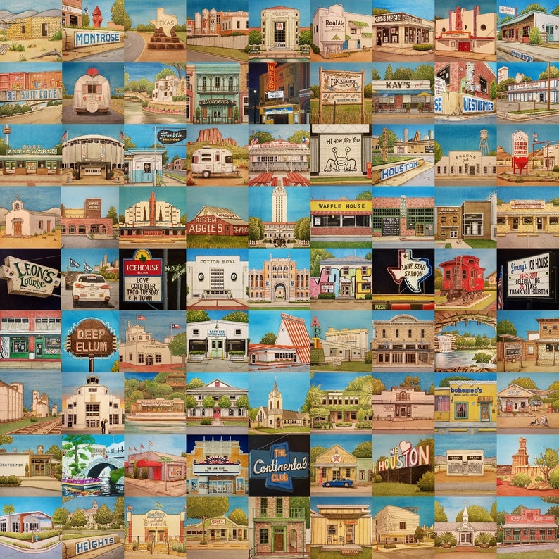 May include: A grid of 64 paintings depicting various buildings and landmarks. The artwork showcases a variety of architectural styles, including restaurants, bars, and historical sites. Many paintings feature signs with text such as "MONTROSE", "WAFFLE HOUSE", and "HOUSTON". The color palette is warm and inviting.