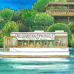 Aquarena Springs. 5" x 7". San Marcos, Texas. Watercolor Painting. Art Print. Glass Bottom Boats. Backroads of Texas. Jim Koehn Art.