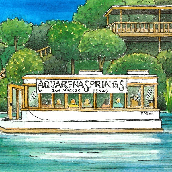 Aquarena Springs. 5" x 7". San Marcos, Texas. Watercolor Painting. Art Print. Glass Bottom Boats. Backroads of Texas. Jim Koehn Art.