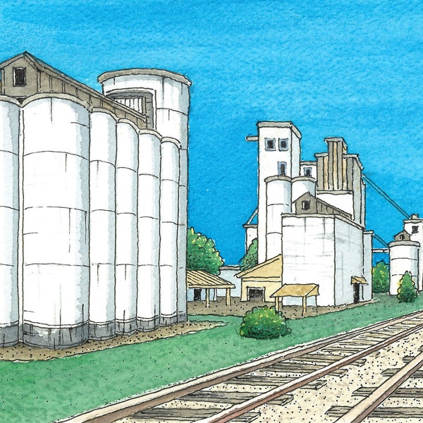 Rice Silos. 5" x 7". Katy, Texas. No Label Brewery. Craft Beer. Watercolor Painting. Art Print. Backroads of Texas. Jim Koehn Art.