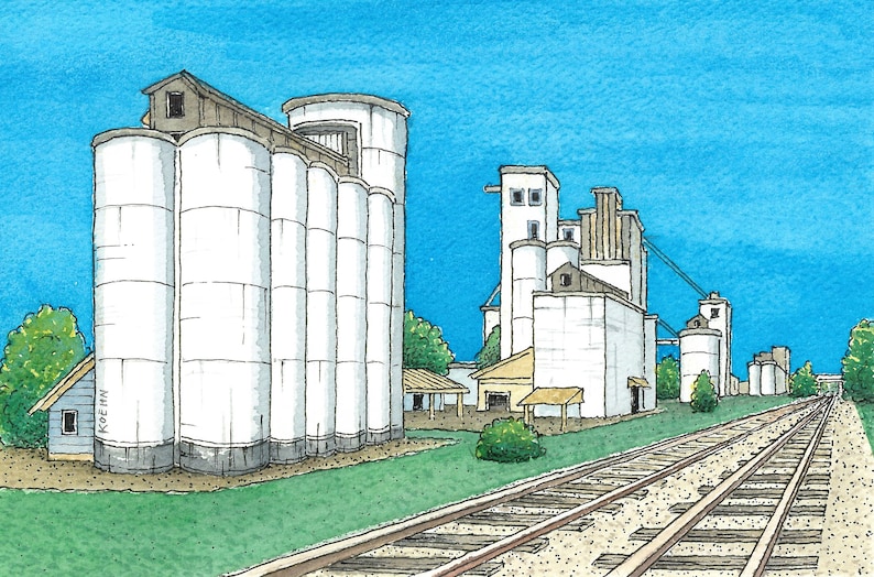 Rice Silos. 5 x 7. Katy, Texas. No Label Brewery. Craft Beer. Watercolor Painting. Art Print. Backroads of Texas. Jim Koehn Art. image 1