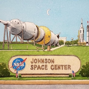 May include: A watercolor illustration of the Johnson Space Center in Houston, Texas. The illustration features a large rocket, a sign that reads "Johnson Space Center", and a NASA logo.