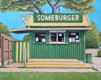 Un certo sburger. 8,5" x 11". Houston, Texas. Pittura ad acquerello. Stampa d'arte. Jim Koehn Art. Burger Joints. Strade di Houston. Viaggio.