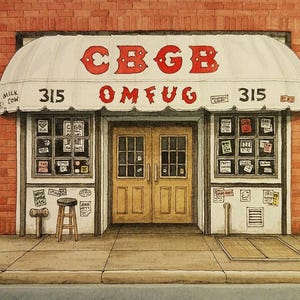 CBGB. Nova Iorque. 5"x7". Pintura aquarela. Imprimir. Manhattan. Bowery. Música punk. Música ao vivo. Cidade de Nova York. Jim Koehn Arte. Ramones. Iggy