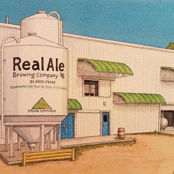 Real Ale Brewing. 5" x 7". Blanco Texas. Watercolor Painting. Texas Beer. Texas Hill Country. Print. Jim Koehn Art. Beer Art. Brewery.