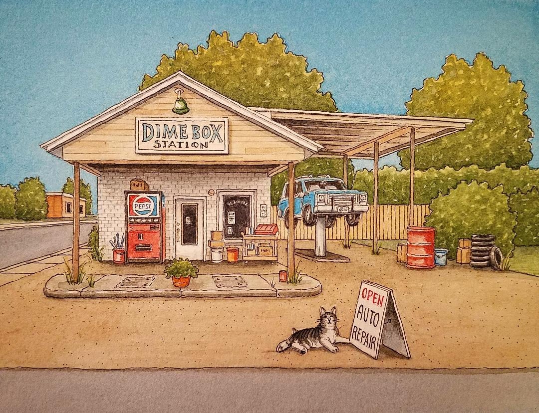 Dime Box Texas. 5 X 7. Watercolor Painting. Backroads of Texas