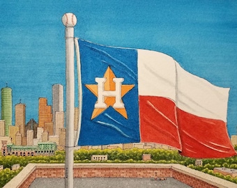 Astros Game Day. 8.5" x 11". Houston Texas. Watercolor Painting. Art Print. World Series. Jim Koehn Art. Texas Flag. Houston Astros Art.