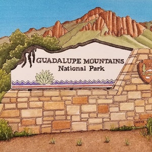 Nationaal Park Guadalupe Mtns. 5 "x 7". West Texas. Aquarel schilderij. Art Print. Jim Koehn Art. National Park bewegwijzering. Reizen.