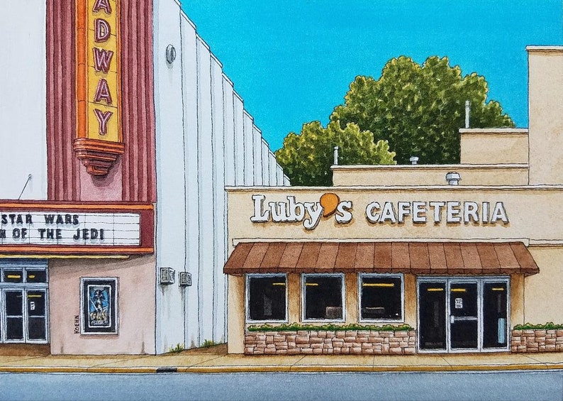 Luby's Cafeteria. 8.5 x 11. San Antonio, Texas. Watercolor Painting. Art Print. Luby's. Texas. Streets of San Antonio. Jim Koehn Art image 1