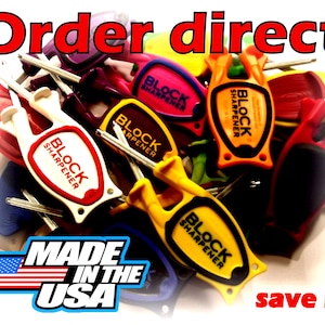 May include: A collection of colorful block sharpeners with the text "BLOCK SHARPENER" on each. The image also includes the text "Order direct", "Made in the USA", and "save big".