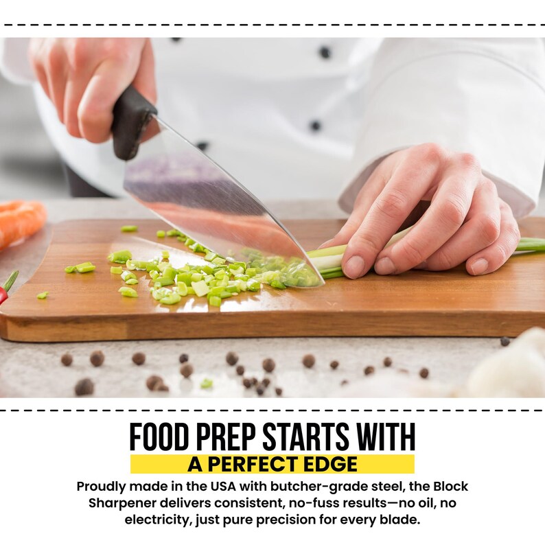 May include: A chef's hands are shown using a large, shiny knife to chop green onions on a wooden cutting board. The text "FOOD PREP STARTS WITH A PERFECT EDGE" is displayed below the image.