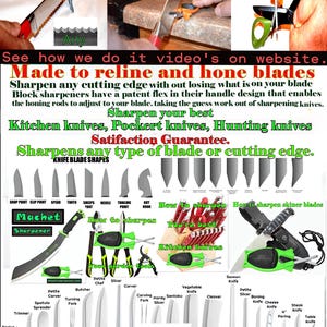 May include: Image of a knife sharpener with the text "Blocksharpener.net." The image shows various knives, sharpeners, and the text "Sharpen your best Kitchen knives, Pocket knives, Hunting knives." The image also includes the text "New patent; US, D778,705 s."
