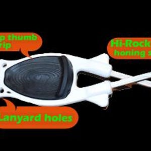 May include: A white knife sharpener with a black, non-slip thumb grip and two Hi-Rockwell honing steels. Features lanyard holes for easy storage. The sharpener is designed for kitchen use.