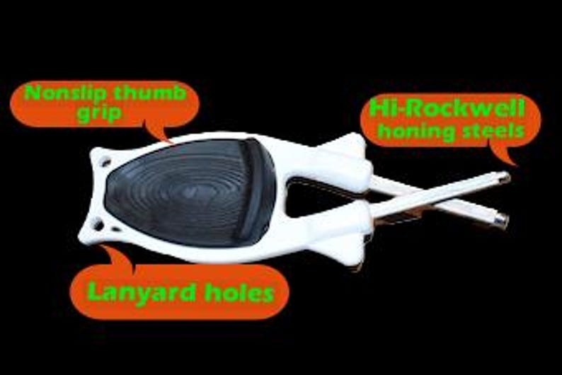 May include: A white knife sharpener with a black, non-slip thumb grip and two Hi-Rockwell honing steels. Features lanyard holes for easy storage. The sharpener is designed for kitchen use.