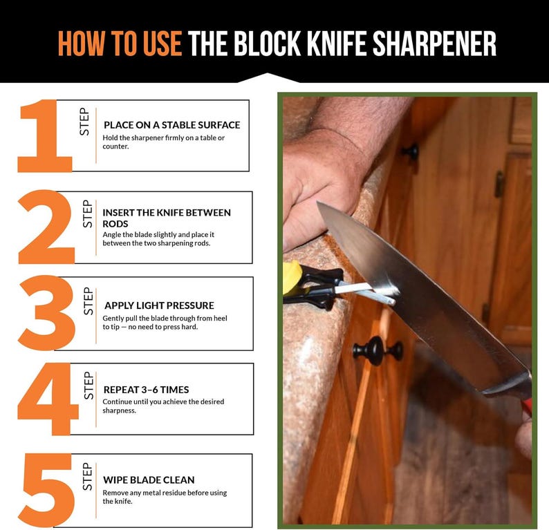 May include: An instructional image detailing how to use a block knife sharpener. The steps are numbered and include placing the sharpener on a stable surface, inserting the knife between rods, applying light pressure, repeating 3-6 times, and wiping the blade clean.
