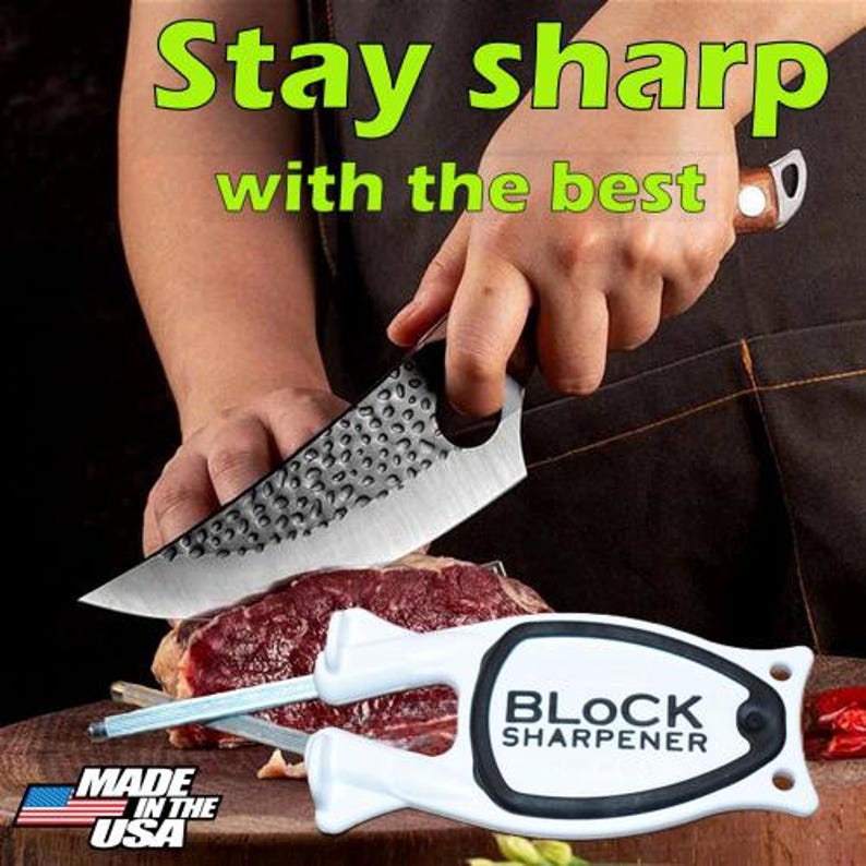 May include: A cleaver cutting a piece of raw meat, with a white and black Block Sharpener in the foreground. The text "Stay sharp with the best" is at the top. The words "Made in the USA" are at the bottom.