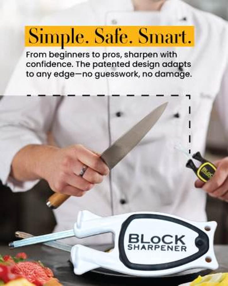 May include: A white and black Block Sharpener is used to sharpen a knife. The text "Simple. Safe. Smart." is displayed in a yellow banner. The sharpener has a white body with a black outline and the words "BLOCK SHARPENER".