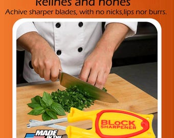 Block knife sharpener for kitchen knives, pocketknives, hatchets, machetes, scissors, and more.