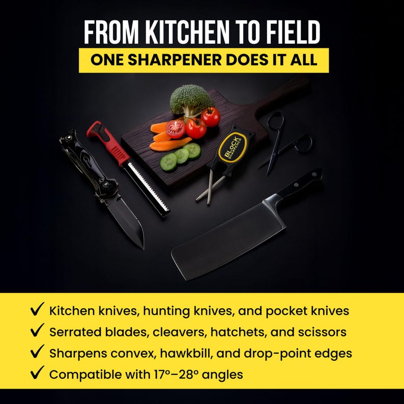 May include: A black and silver knife, a red and silver grater, and a black cleaver are displayed with a knife sharpener and scissors. The text reads "FROM KITCHEN TO FIELD ONE SHARPENER DOES IT ALL." The image also lists the types of knives and blades the sharpener works with.
