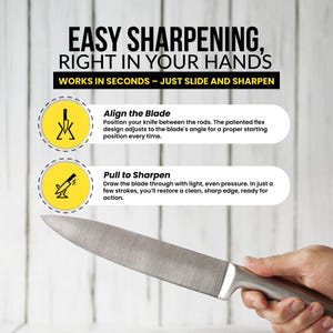 May include: Image showing a stainless steel chef's knife with a silver handle. Text reads "EASY SHARPENING, RIGHT IN YOUR HANDS" and "WORKS IN SECONDS - JUST SLIDE AND SHARPEN". Instructions are provided on how to align and sharpen the blade.