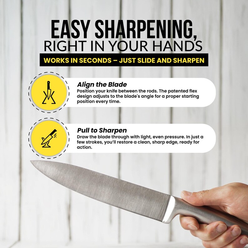 May include: Image showing a stainless steel chef's knife with a silver handle. Text reads "EASY SHARPENING, RIGHT IN YOUR HANDS" and "WORKS IN SECONDS - JUST SLIDE AND SHARPEN". Instructions are provided on how to align and sharpen the blade.