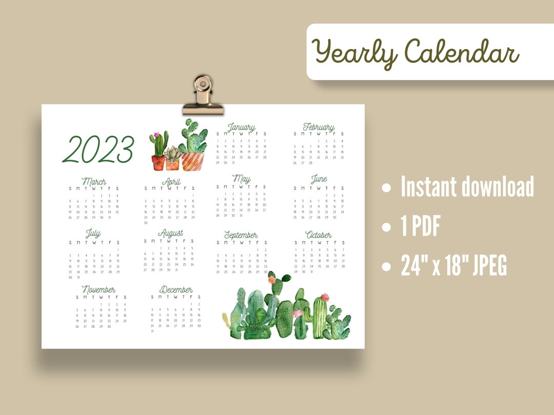 Large wall yearly calendar 2023 calendar printable instant etsy