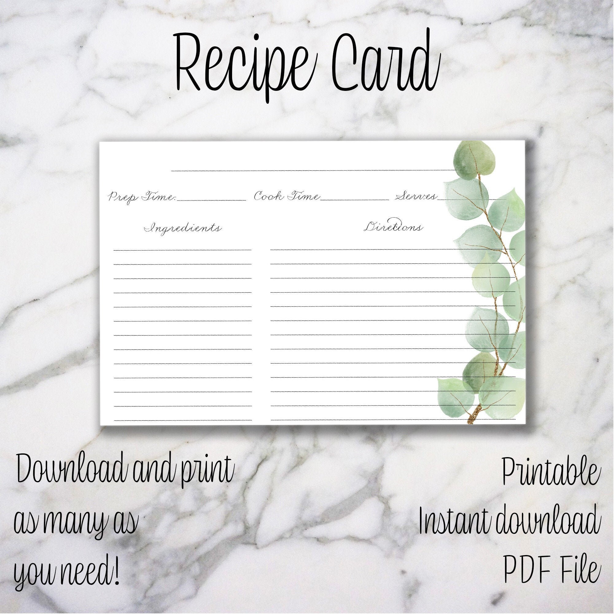 Simple Recipe Card With Eucalyptus Instant Download Etsy UK