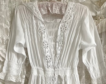 Antique 1910s Embroidered Cotton Eyelet Lace Dress