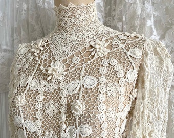 Antique Irish Crochet Lace Cropped Sleeve Blouse