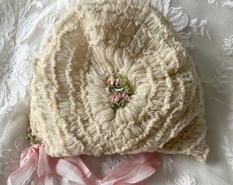 Antique Chiffon Ruffled Ribbonwork Baby Bonnet