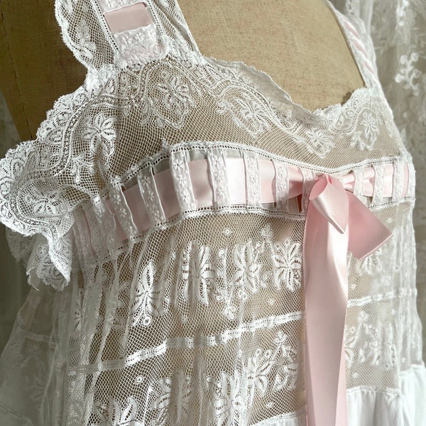 Antique Valenciennes Lace Pink Ribbon Nightdress