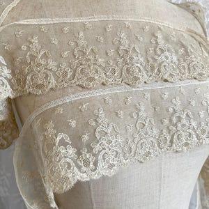 May include: Close-up of cream-colored lace fabric with floral and leaf patterns. The lace is delicate and detailed, with a scalloped edge. The fabric is draped over a mannequin, showcasing the texture and design of the lace.