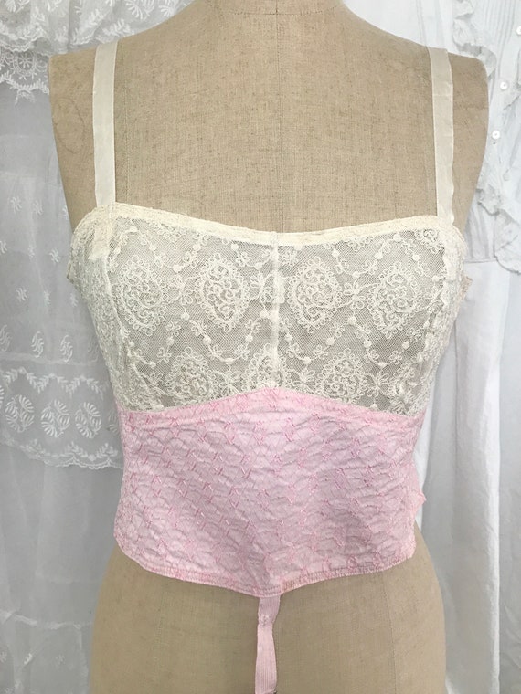 Vintage 1920s/30s Ecru Lace Pink Bralette | Vintag