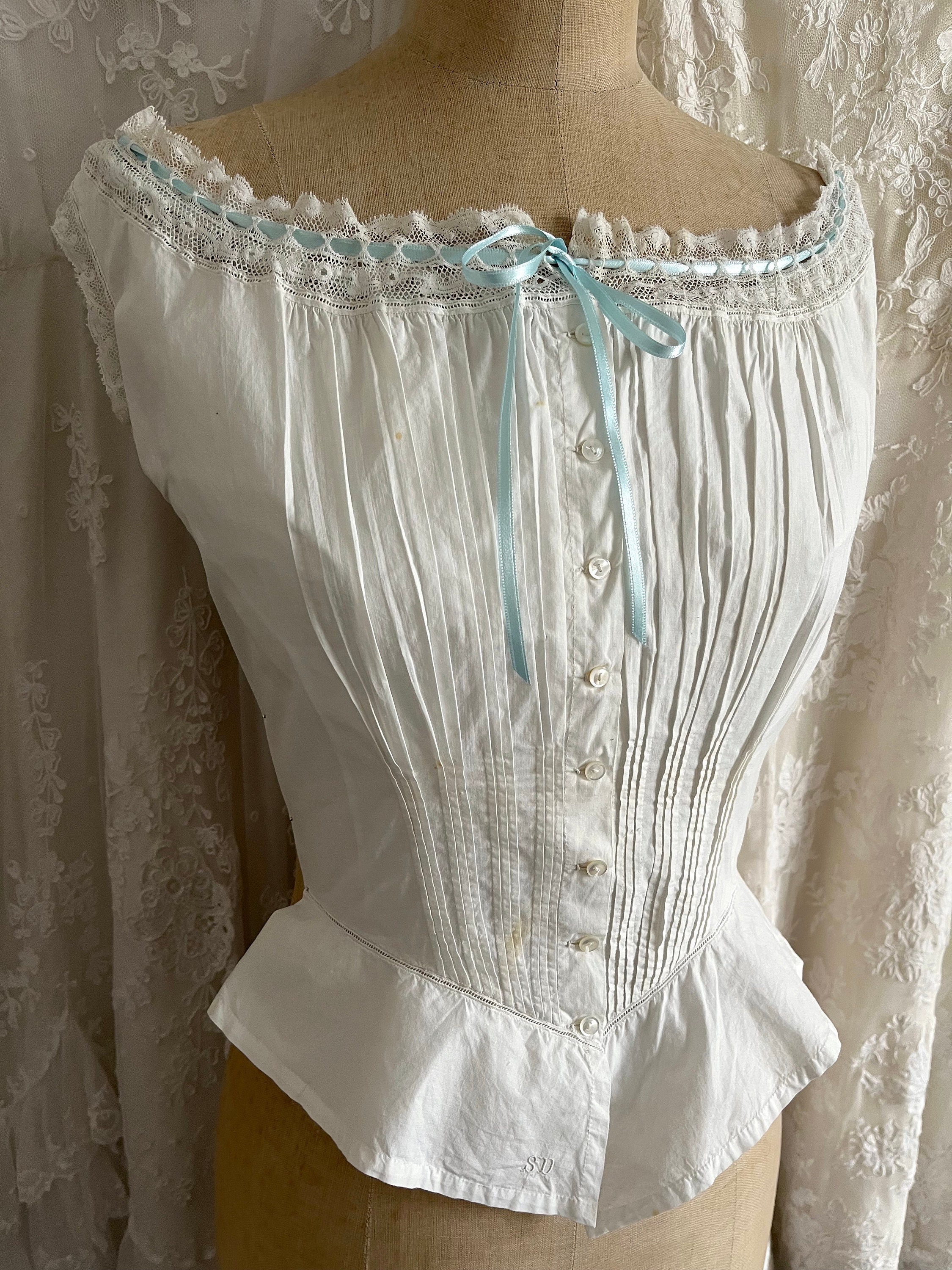 Antique Lace Trimmed Corset Cover Blue Ribbon -  Norway