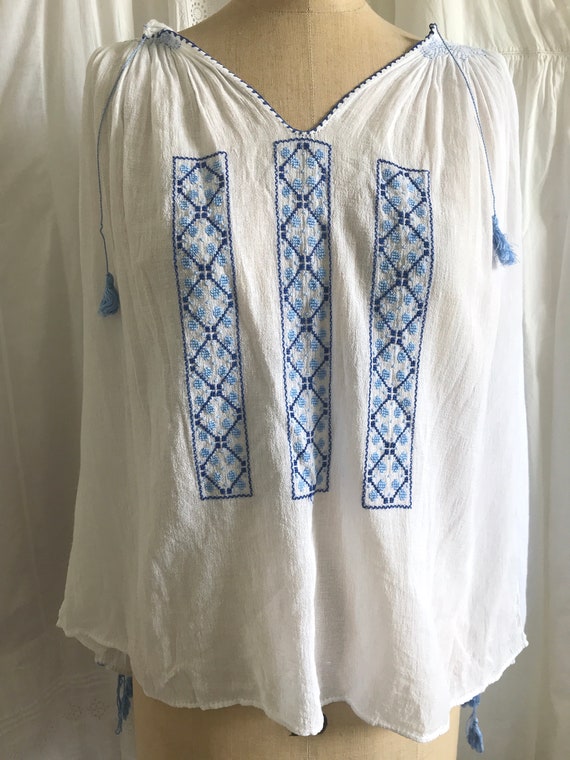 Vintage 1970s Romanian Blue Embroidered Blouse - image 4